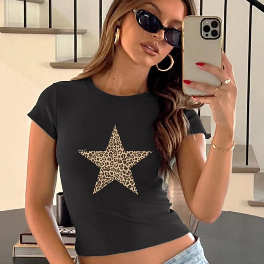 Women's Summer Fashion T-shirt Leopard print star pattern Men's and Women's Short Round Neck T-shirt Fashionable Casual Street