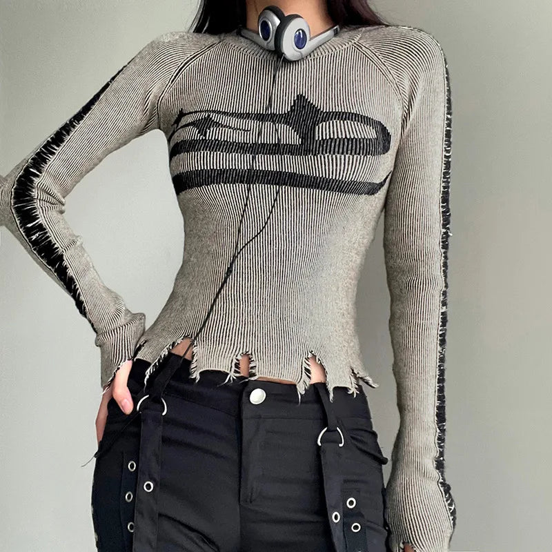 HLJ&GG American Vintage Style Women Knitting Print Long Sleeve Slim Top And Mini Pleated Skirts Outfits Fashion Y2K 2pcs Clothes