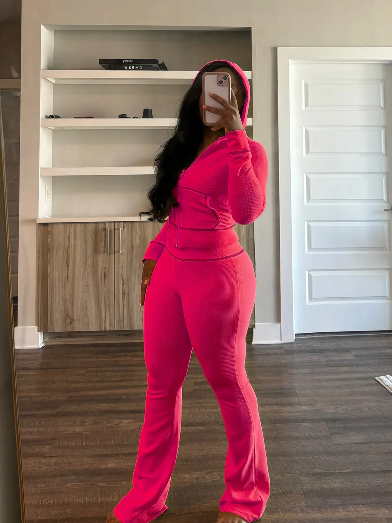 HLJ&GG Spring New Waffle Flare Pants Two Piece Sets Women Zip Hooded Long Sleeve Top + Pants Outfits Casual Sporty 2pcs Clothing