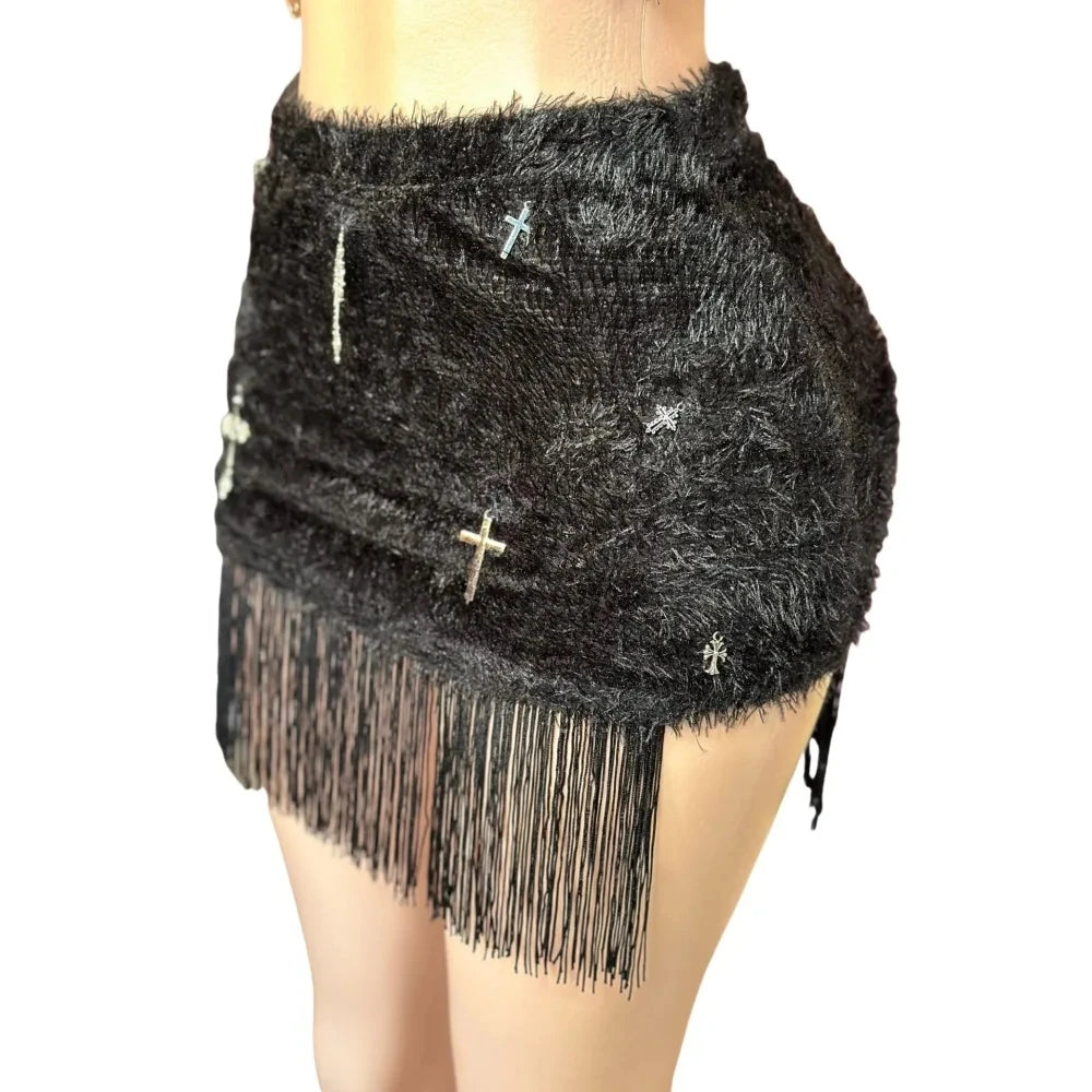 HLJ&GG Black Sexy Y2K Punk Tassels Two Piece Sets Women Chain Lace Up Slim Tube And Fur Mini Skirts Outfits Fashion Streetwear