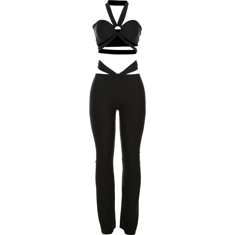 Weird Puss Sexy 2 Piece Set Women Hipster Halter Cross Wrapped Camisole+Ruched Hollow Leggings Street Summer Trend Matching Suit