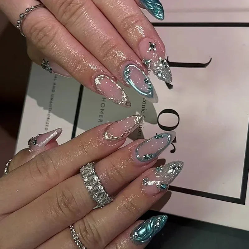 24pcs French Almond Press on Nails Leopard Print False Nails 3D Bow Wearable Stick-on Nails Fake Nail Uñas Накладные Ногти 네일팁