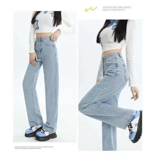 Ladies Vintage Wide Leg Jeans Girls High Waist Pants Female Fashion Black Black Grey Retro Blue Light Blue Pink  Trousers