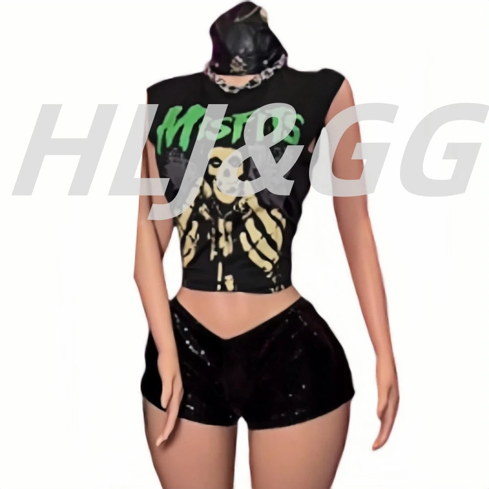 HLJ&GG Y2K Trendy Retro Print Tshirts Two Piece Sets Women Round Neck Sleeveless Top And Sequin Leopard Shorts Outfit Streetwear