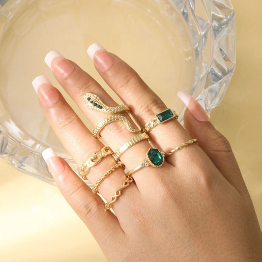 8PCSSet Of Fashionable And Retro Imitation Gemstone Snake-Shaped Twisted Rings For Women, Retro Wave Geometric Inlaid Rhinestone
