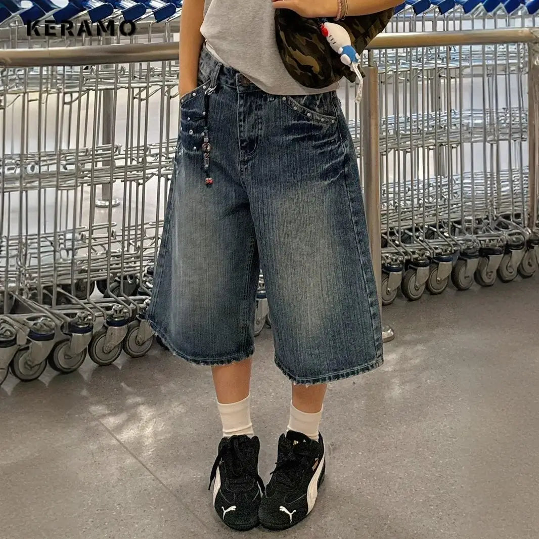 Harajuku Street Style Y2K Vintage Shorts High Waist Baggy Punk Blue Jean Women Casual Loose Fit Calf Length jeans Shorts