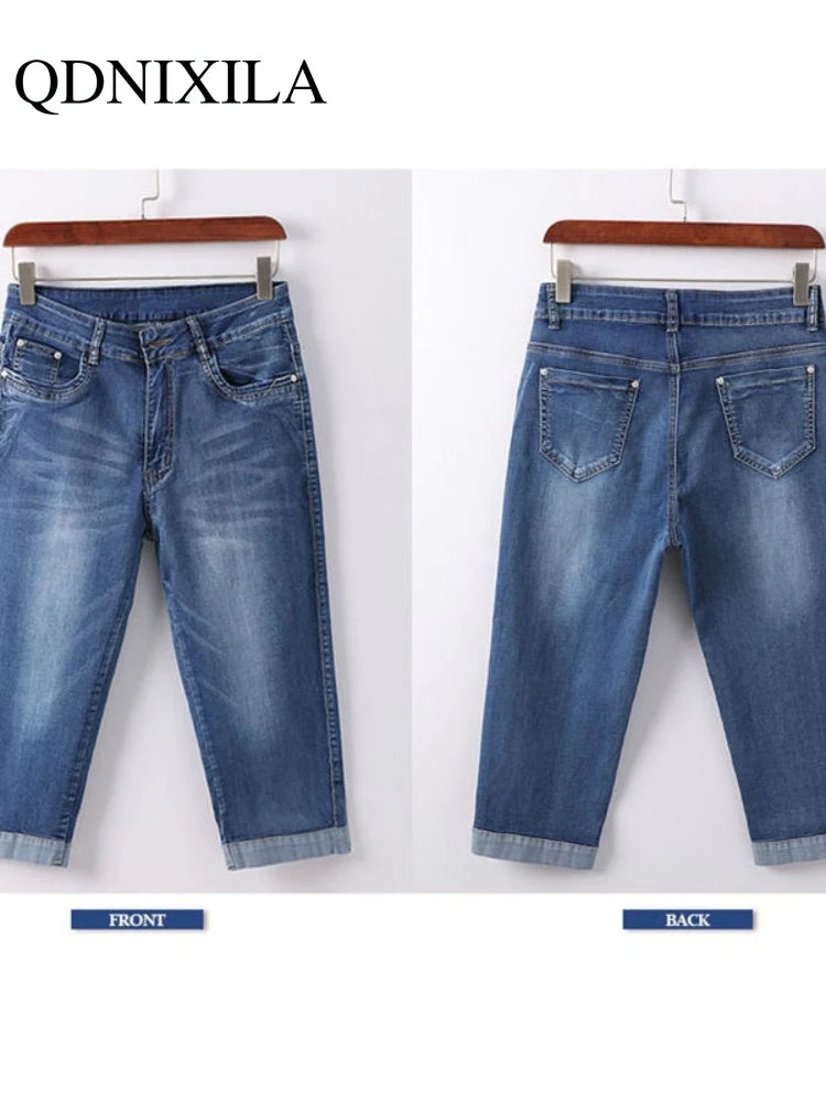 Ladies Jeans Pants Ladies Cropped Trousers Skinny Knee Length Jeans female Elastic High Waist Mom Jeans Oversize