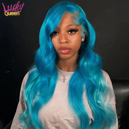 Ocean Blue Pre Plucked 613 Colorful Wigs 180Density Body Wave Light Blue Human Hair Transparent 13X4 13X6 Lace Frontal For Women