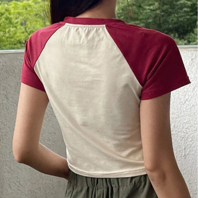 2000s Y2k Style Crop Tops Five pointed star print Harajuku Summer Short Sleeve Splicing T-Shirt Funny Kawaii Streetwear Cropped
