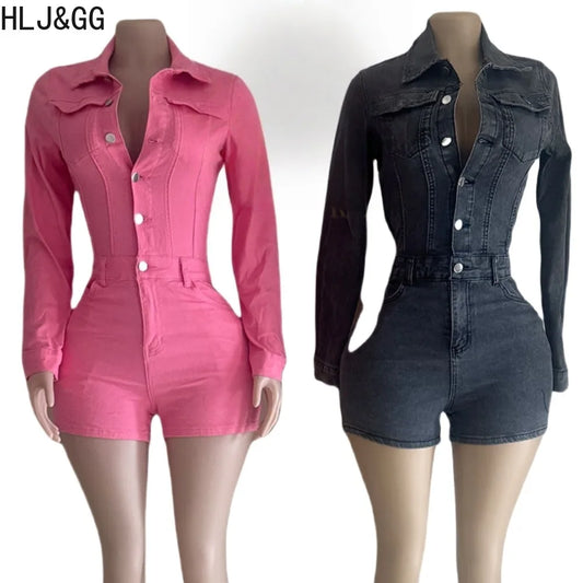 HLJ&GG Fashion Bodycon jeans Romper ladies Solid Color Long Sleeves One Piece Jumpsuit, Streetwear Overalls 2025 Summer New