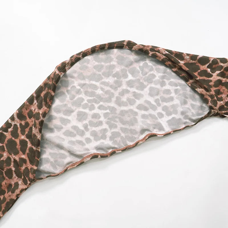 Weird Puss Sexy 3 Piece Set Women Leopard Print Mesh Full Sleeve Shawl+Bandage Metal Buckle Bra+Pants Street Trend Matching Suit