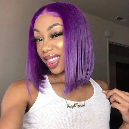 Brazilian Cosplay Purple Hair 13x5x1 T Part Transparent Lace Front Human Hair Wigs 180D  Short Straight Lace Bob Wigs Human Wigs