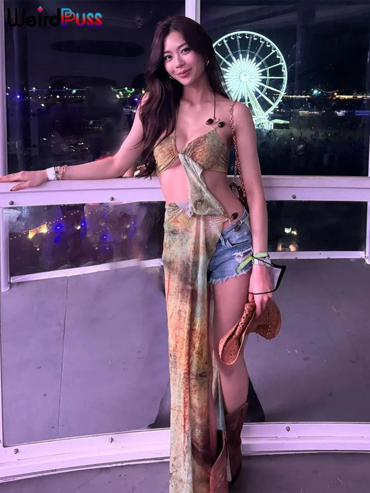 Weird Puss Hollow Halter Dress Women See through Summer Trend Sleeveless Waistless Vintage Print Long Bodycon Clubwear Vestidos
