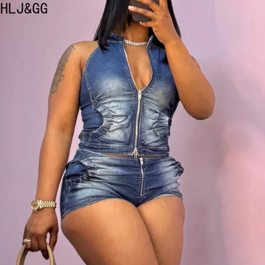 HLJ&GG Blue Fashion Denim Halter Two Piece Sets Women Sleeveless Backless Slim Crop Top And Skinny Jean Pants Outfits Streetwear