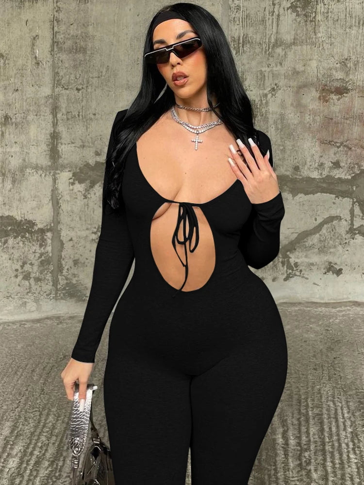 Dulzura Solid Pure Hole Hollow Out Straps Lace-Up Jumpsuit Long Sleeves 2023 Summer Autumn For Women Sexy Streetwear Wholesale