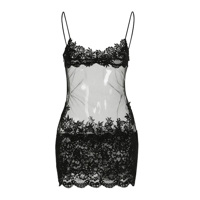 Weird Puss Y2K Party Lace Patchwork Dress Women Sexy 2025 Summer Trend Sleeveless Low-Neck Stretch Midnight Clubwear Bodycon