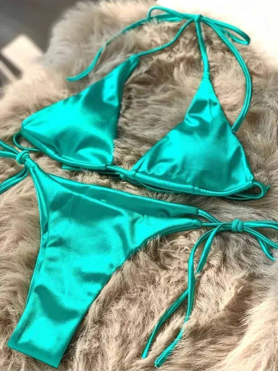 Halter Brazilian Metallic Satin Bikini Swimwear, Swimsuit Two-pieces Bikini Set High Cut Bathing Suit Swim Beachwear