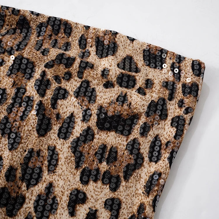 STYLISH LADY Sparkly Sequined Leopard Printed Crop Top 2025 Summer Women Strapless Zipper Slim Sexy Club Party Street Tops Tees