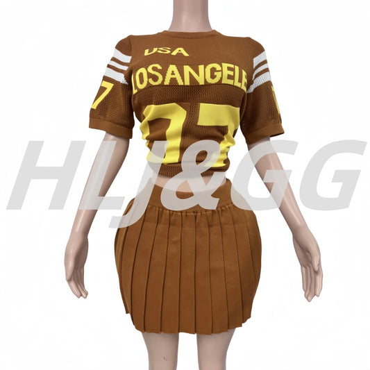HLJ&GG Summer New Mesh Letter Print Mini Pleated Skirts Two Piece Sets Women Round Neck Short Sleeve Slim Top And Skirts Outfits