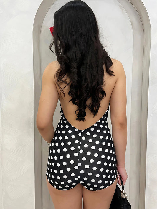Weird Puss Fashion Swing Collar Romper Women Trend Sexy Hottie Backless Polka Dot Print Halter Midnight Party Street Clubwear