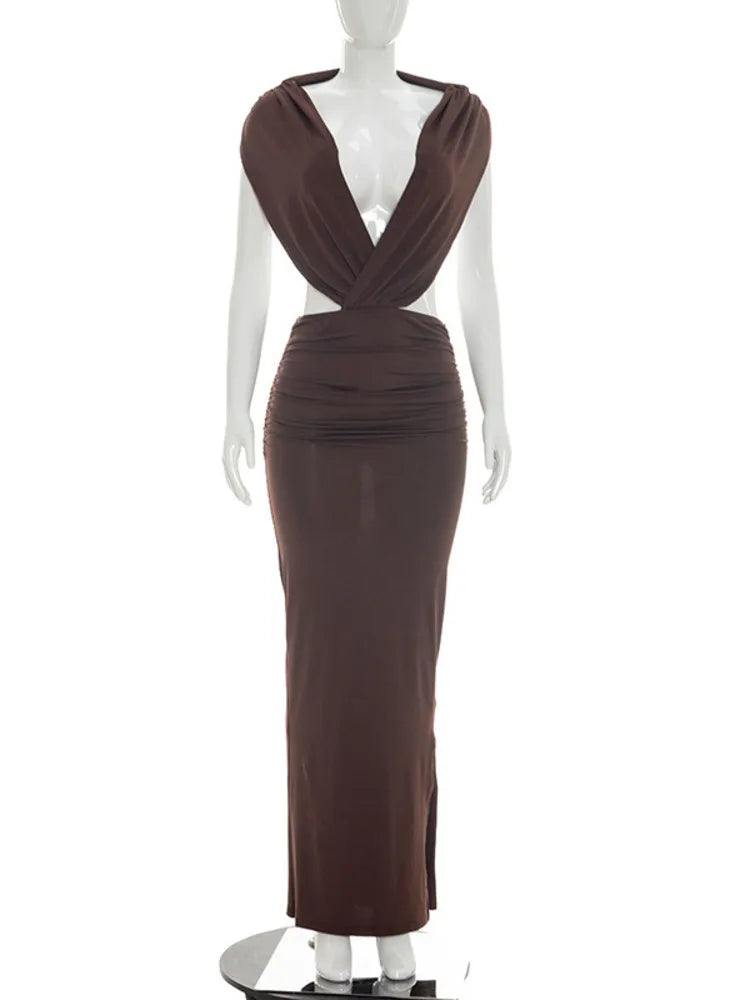Sibybo Sexy Deep V-Neck Backless Women Maxi Dress Brown Sleeveless Ruched Slim High Waist Long Dress Elegant Evening Party Dress