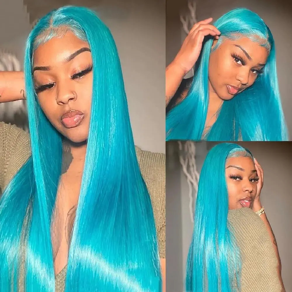 13x4 Frontal Transparent Lace Pre-Plucked Hairline Wigs Light Blue Straight Wigs High Density Brazilian Virgin Human Hair Wigs