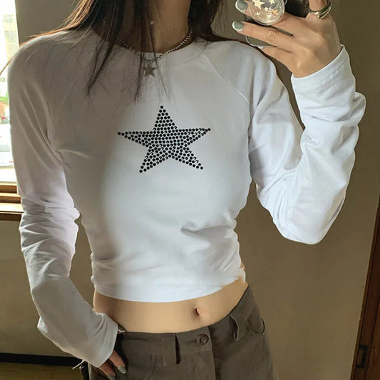 Y2K Harajuku Star Rhinestones Print Crop Top E-girl Gothic Retro Sweats Tees Korean Long Sleeve T-shirt 90s Vintage Streetwear