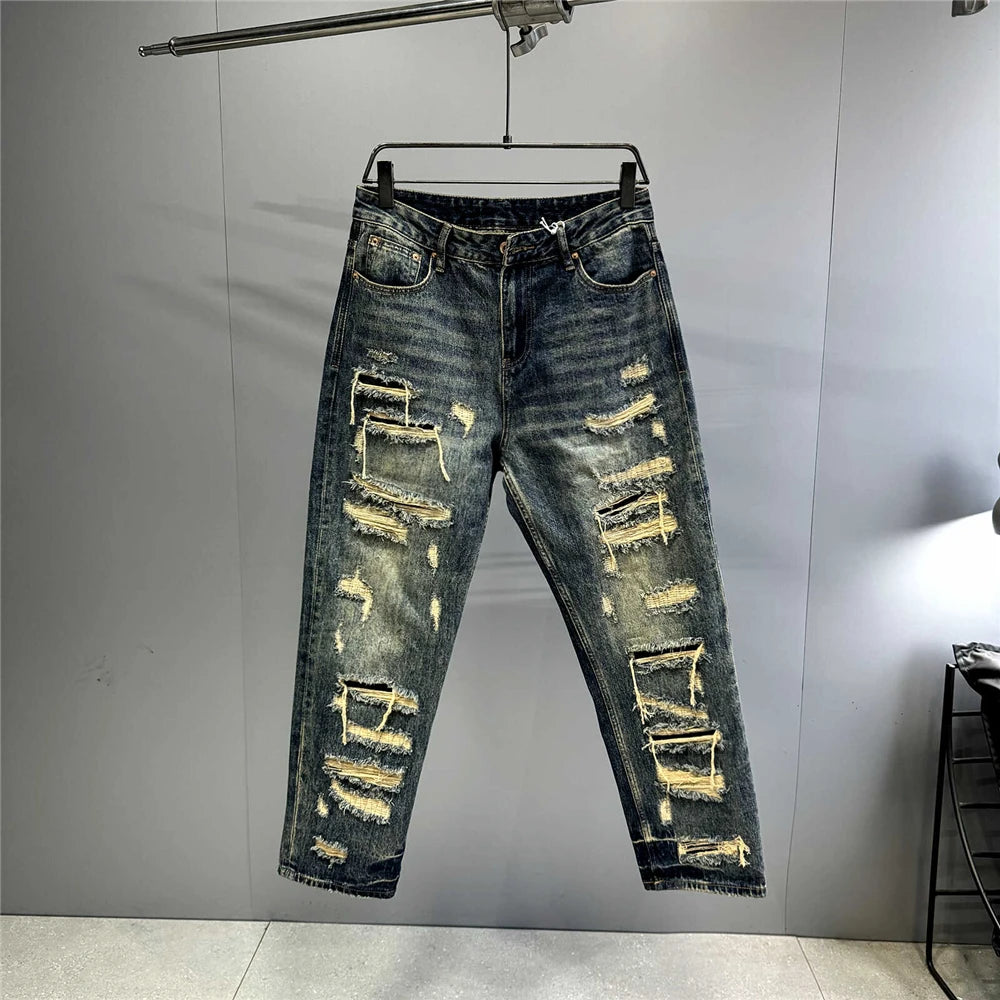 Ripped Baggy Jeans Distressed Denim Streetwear Skateboard Pants Straight Leg Patchwork Oversized Urban Fashion Workwear, men's jeans
