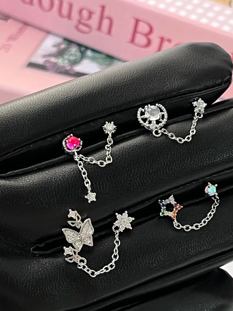 1PCS Pink Love Heart Chain Double Ear Hole 316L Stainless Steel Ear Bone Nail Y2K Fashion Hottie Earrings for Women Jewelry