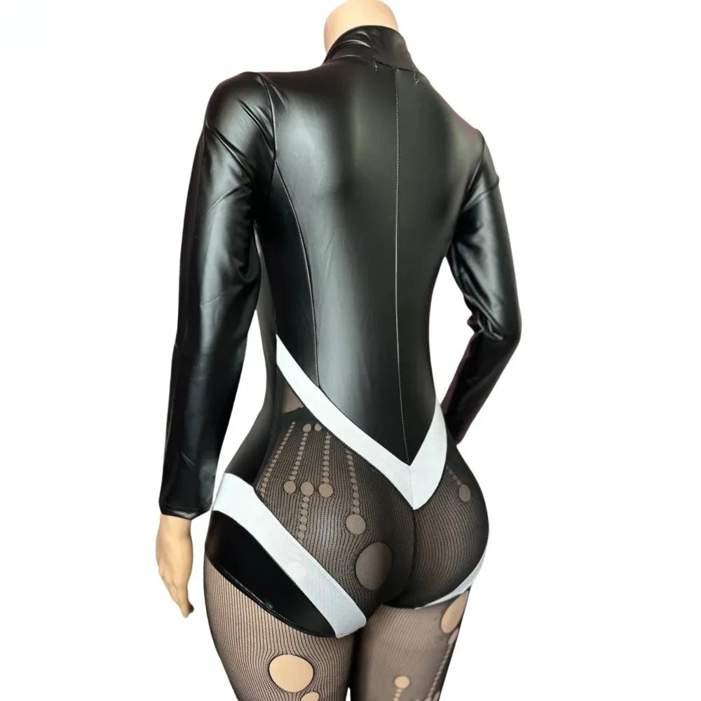 HLJ&GG Black Sexy Deep V Letter Print Bodysuits Women Zipper Long Sleeve Stretchy Bodycon Romper + Mesh Skinny Socks Outfits New