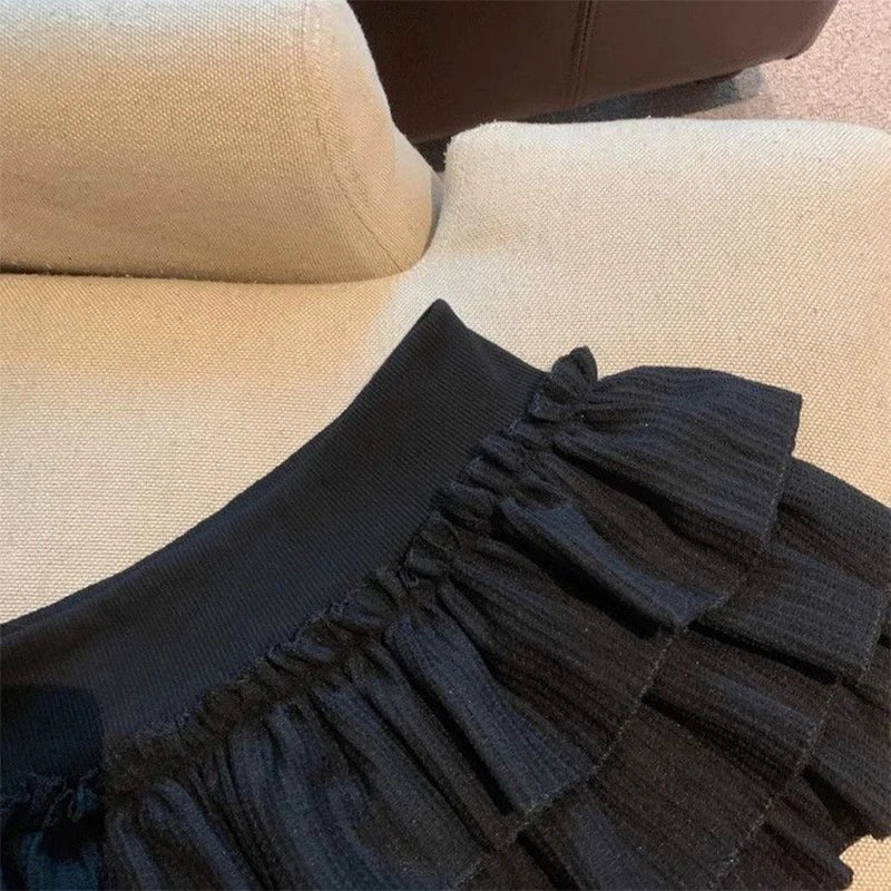 Sweet Puffy Cake Women Skirts Korean Fashion Ruched Ruffle Mini Skirt Campus Harajuku Casual Versatile Elastic Waist Solid Skirt