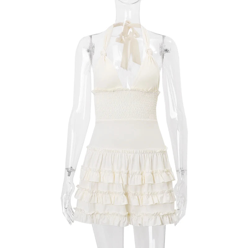 WhereMery Korean Style Sexy Beach V-neck Dress Summer Y2K Charming Backless Handling Neck Dress Swimming Pool Party Mini Dresses
