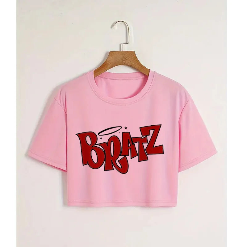 T Shirt Woman 2025 New in Cropped Cherry Print Crew Neck T-shirt Y2K Short Sleeve Fit Crop Top Spring Summer Women's Clothing