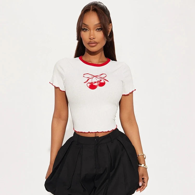 STYLISH LADY Cherry Printed Crop Tops 2025 Summer Women Short Sleeve O Neck Slim Ribbed Contrast Color Casual Street T Shirts