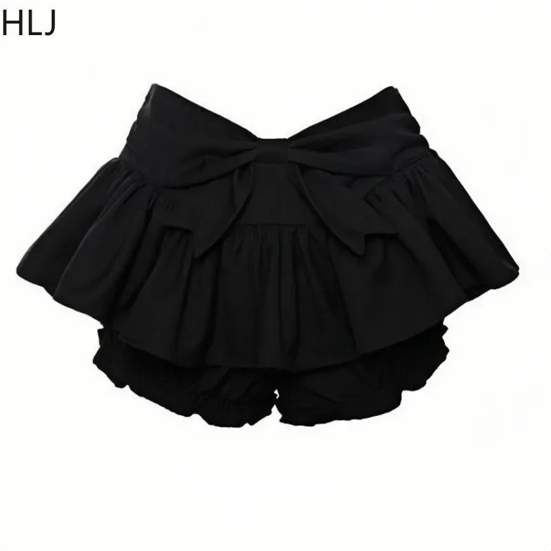 HLJ&GG White Sweet Y2K Bow Puffy Mini Skirts Shorts Two Piece Sets Women Short Sleeve Slim Top And Skirts Outfits Streetwear
