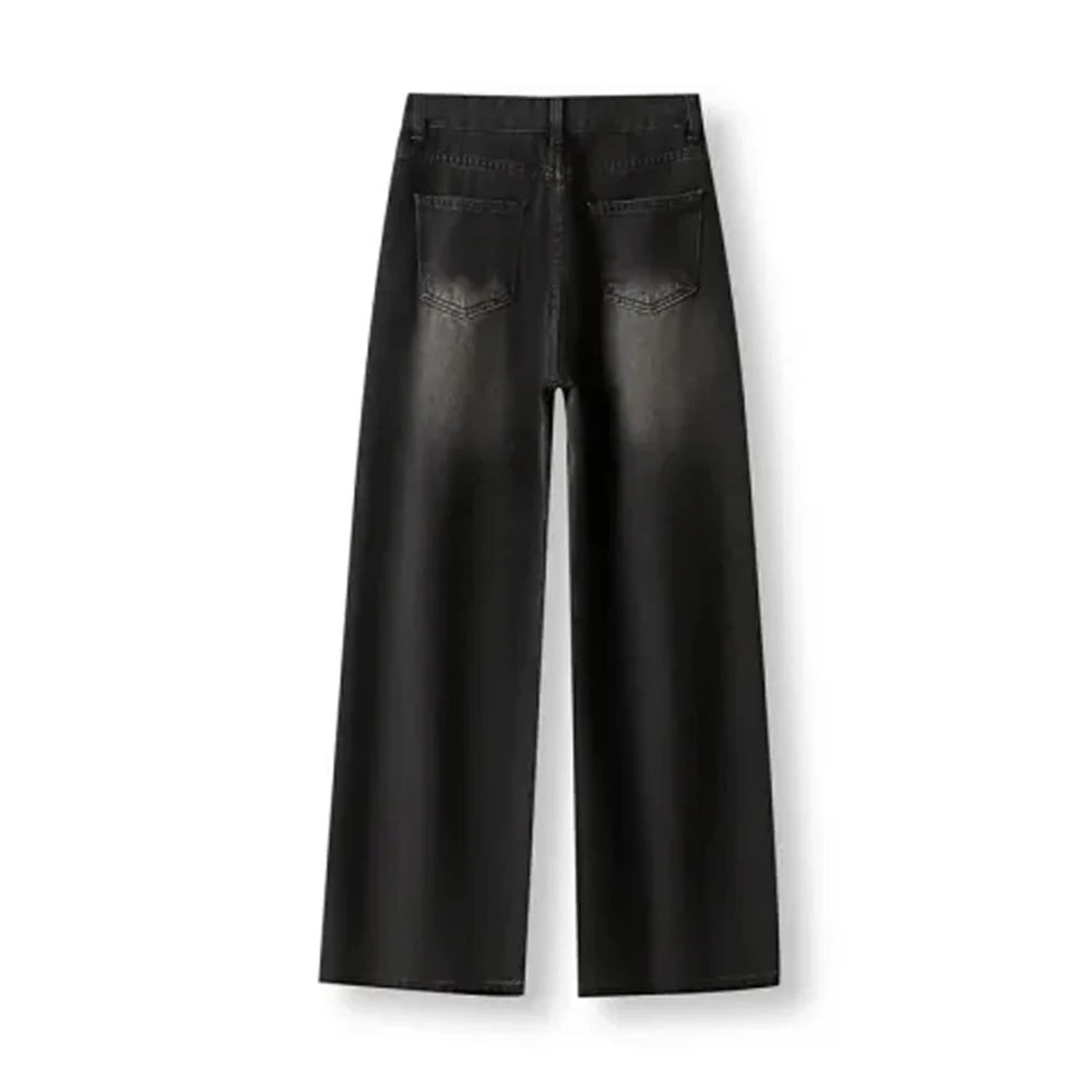 Korean Vintage High Waist ladies Jeans Y2K Slimming Pear-Shaped Loose Straight Bell Bottoms Black Gray Baggy Trousers