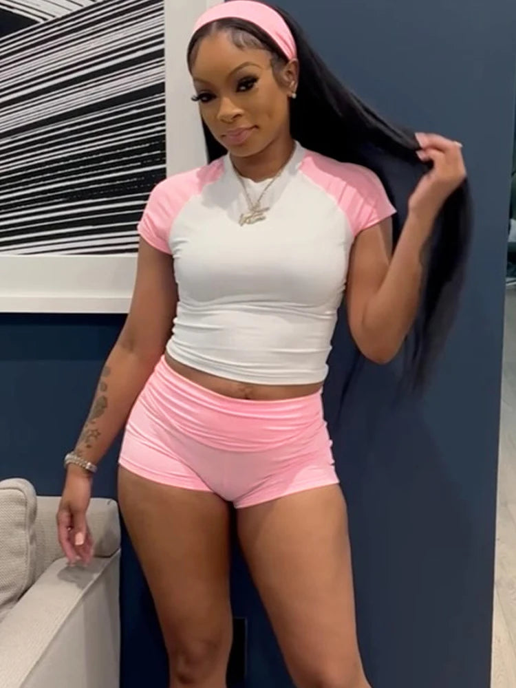 Kricesseen Color Block Crop Top And Matching Shorts Set 2 Piece Outfits Sporty Knitted Active Set Night Club Outfits
