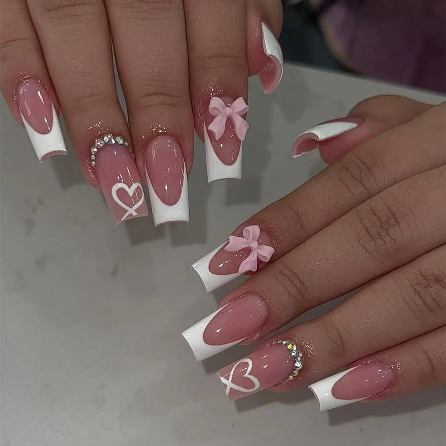 White French Press on Nails 3D Bowknot Fake Nails Tips Full Cover Wearable False Nails for Women and Girls DIY 24Pcs