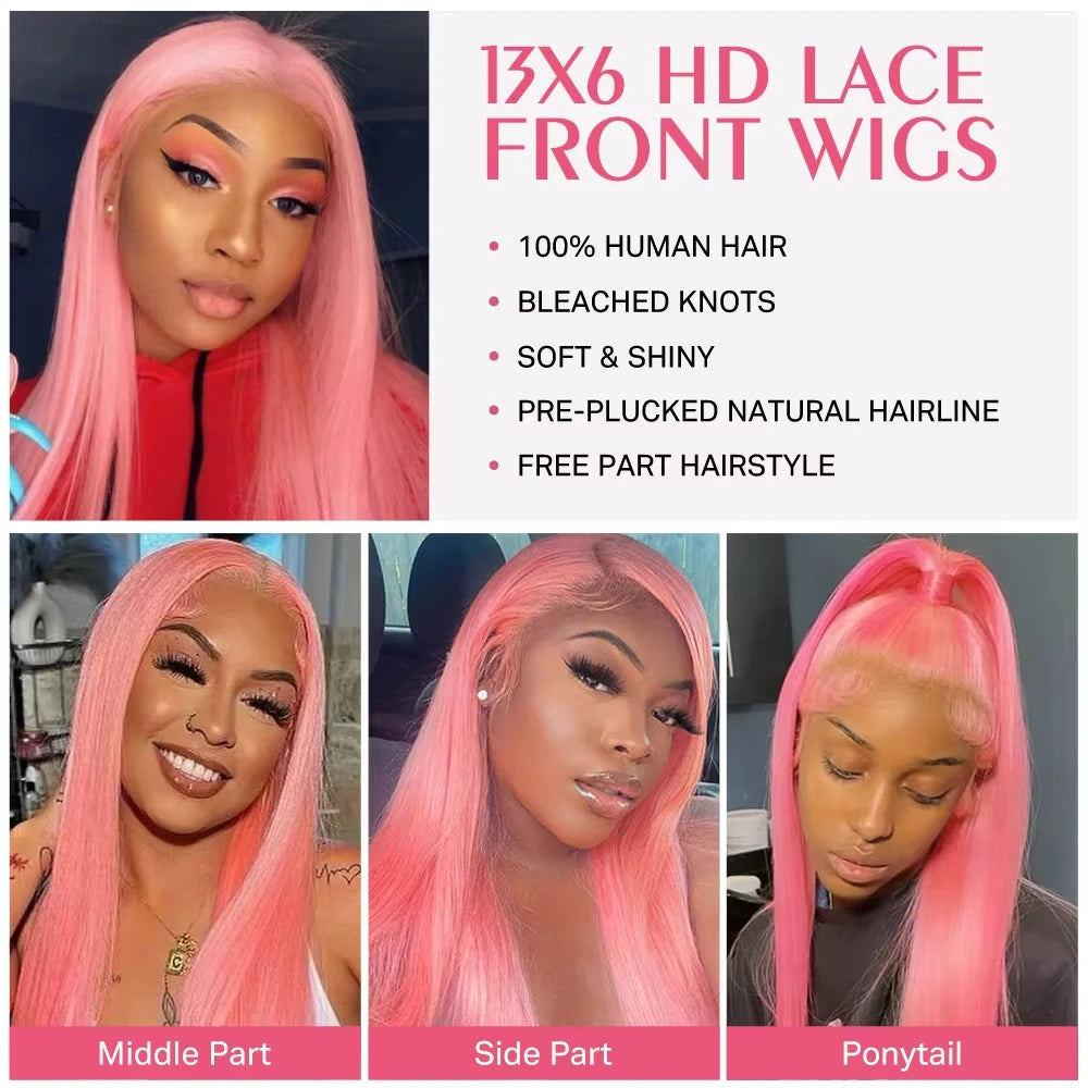 Light Pink 13x6 HD Lace Front Human Hair Wigs For Women Pre Plucked Brazilian Straight 13x4 HD Frontal Wigs 100% Human Hair Wig