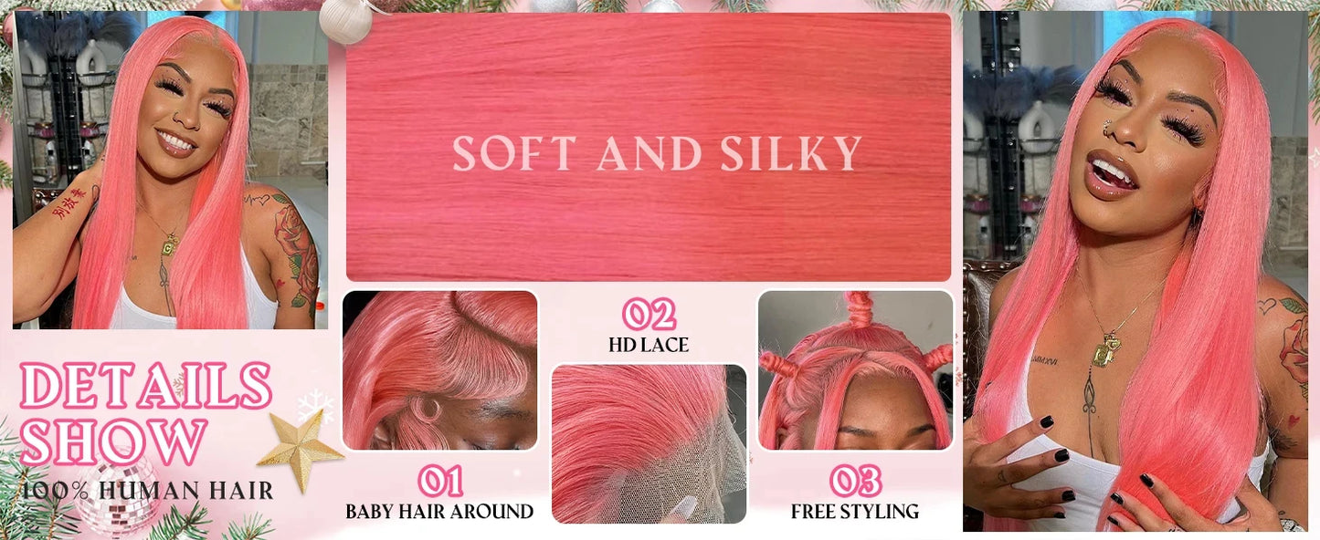 Light Pink 13x6 HD Lace Front Human Hair Wigs For Women Pre Plucked Brazilian Straight 13x4 HD Frontal Wigs 100% Human Hair Wig