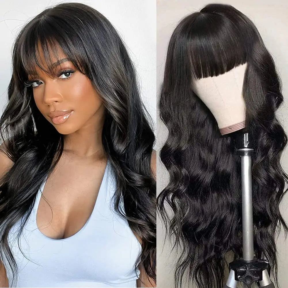 30 inch Body Wave Human Hair Wigs with Bangs Full Machine Made Scalp Top Wig 180% Density Brazilian Remy Hair Fringe Bangs Wig