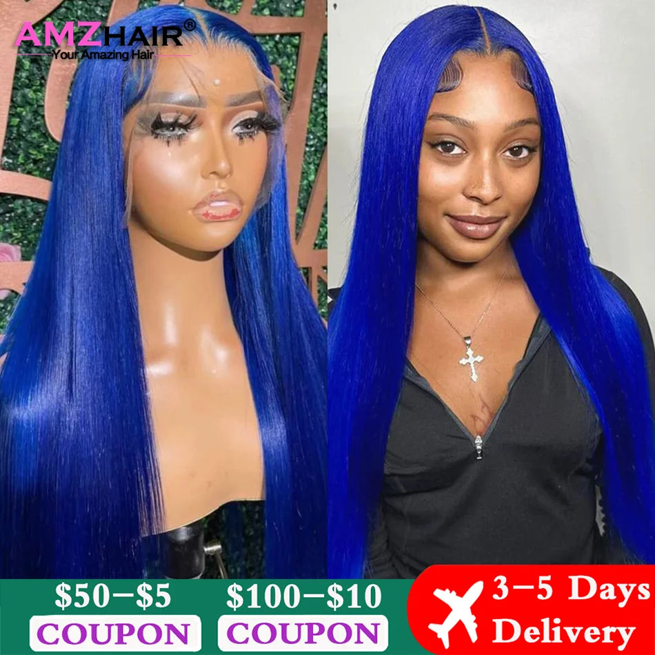 Navy Blue Bone Straight 13x4 Lace Front Human Hair Wigs Brazilian Blue Colored Transparent Lace Front Wigs For Women Pre Plucked