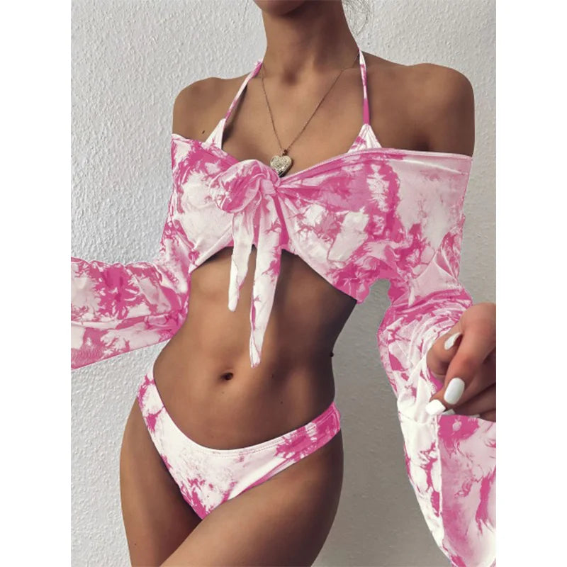 Sexy 3 Piece Swimsuit Women Leopard Print Push Up Padded Biquini Brazilian Summer Bathing Suit Long Sleeve Thong Bikini Swimwear