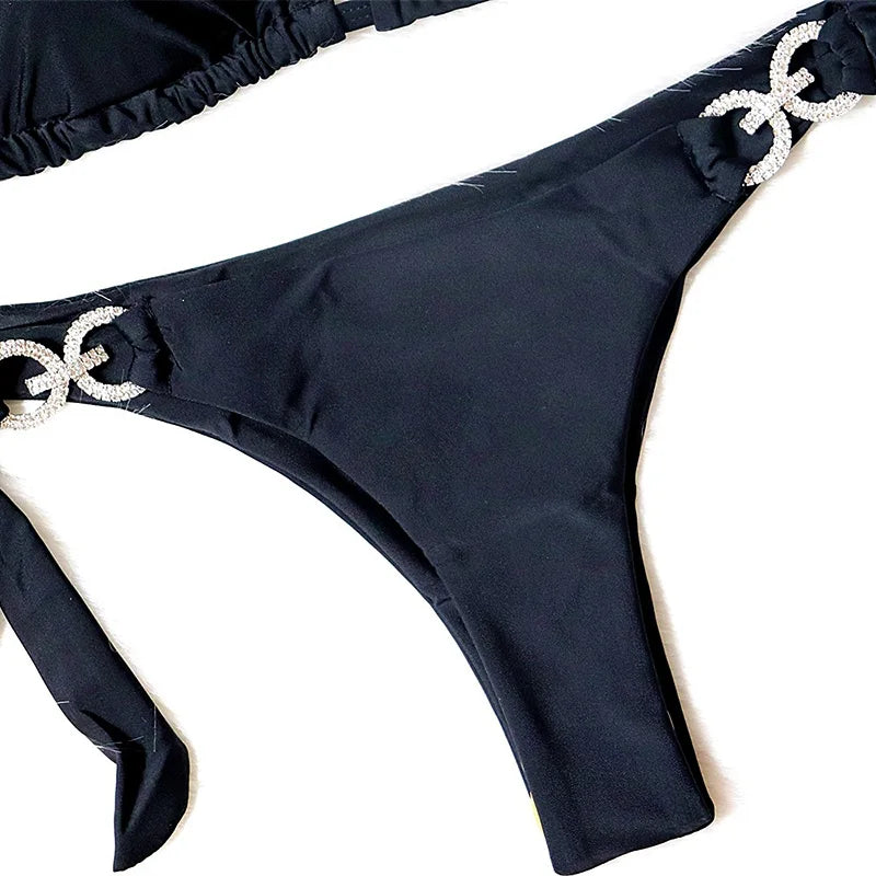 2025 Shiny Rhinestone Diamond Bikini Women Swimsuit Female Swimwear Two Pieces Bikini Set Halter Bathing Suit Swim Beach Wear