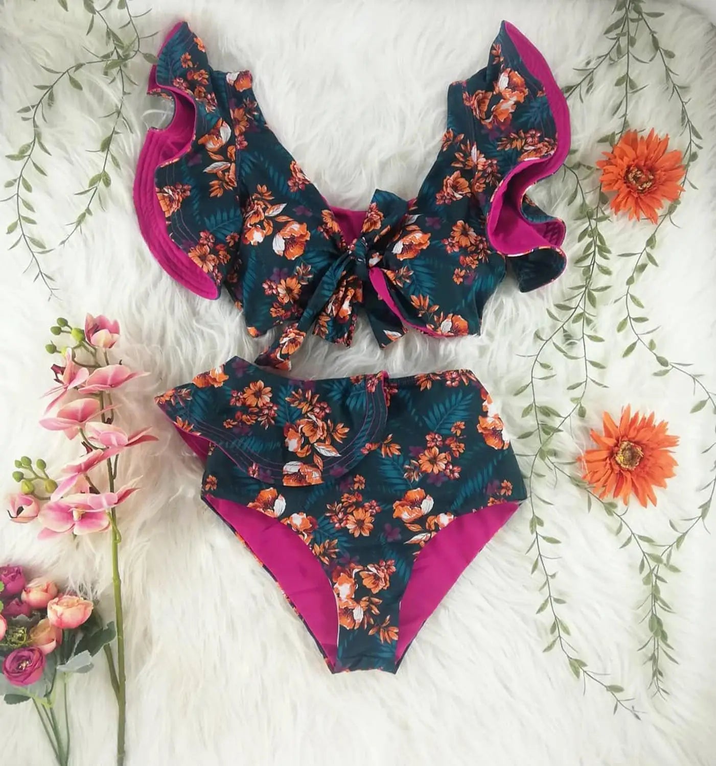 2026 High Waist Bandage Bikini Set For Women Floral Printed Ruffle Bikinis Push Up Strappy Brazilian Biquini Swimwear Swimsuit