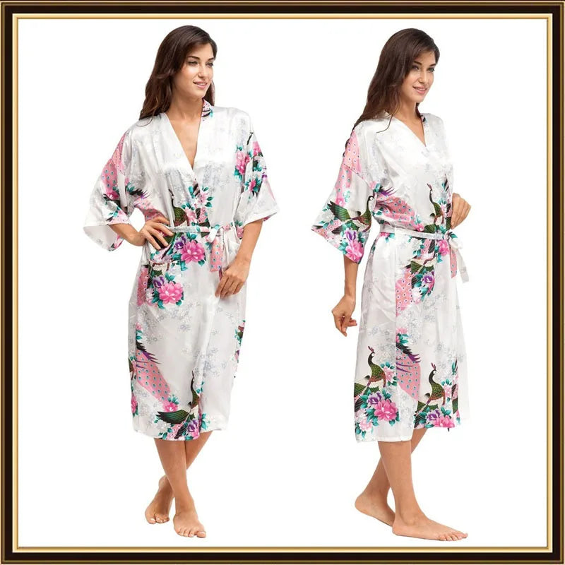 Half Sleeve Loose Style Woman Japanese Kimono Satin Silk Sleepwear Pajamas Peacock Spa Yukata Bathing Robe Lady's Long Dress