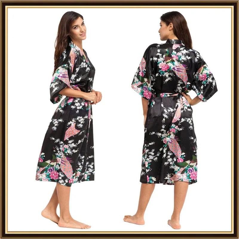 Half Sleeve Loose Style Woman Japanese Kimono Satin Silk Sleepwear Pajamas Peacock Spa Yukata Bathing Robe Lady's Long Dress