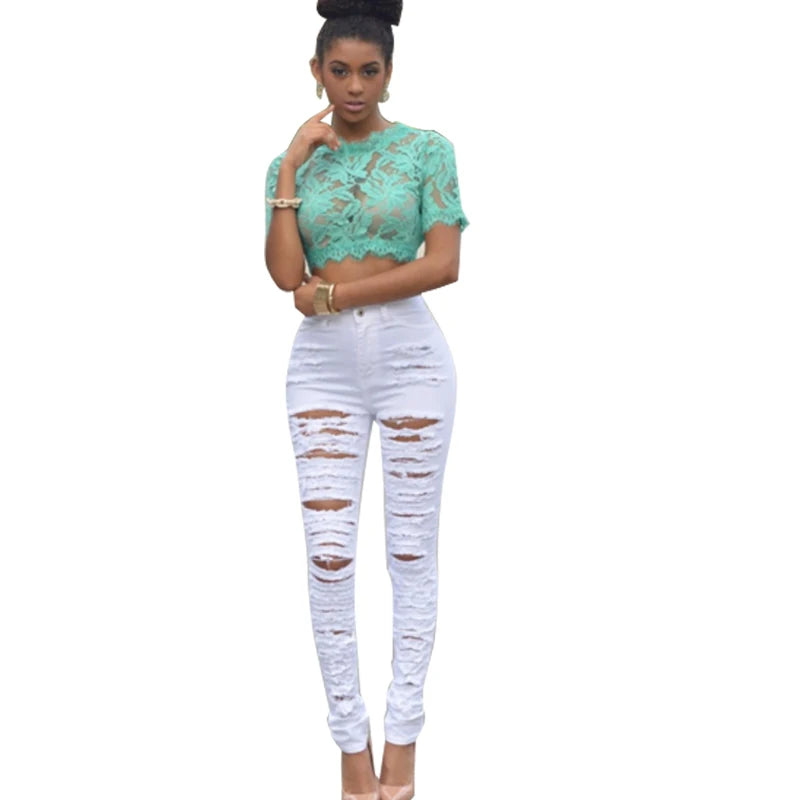 New Designer Women 2025 High Waist Ripped Jeans for Women Skinny Black White Jeans Woman Elastic Slim Jean Female Femme