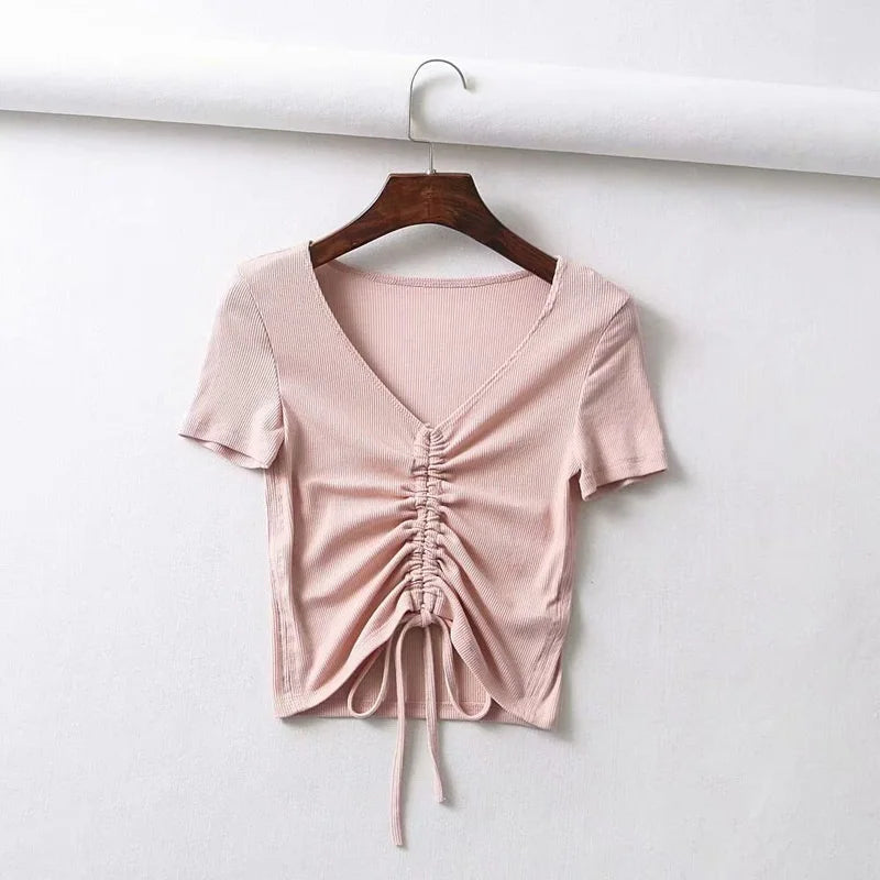 Sexy V Neck Cropped Tank Tops Women Drawstring Tie Up Front Camis Candy Colors Streetwear Slim Fit Ribbed Crop Top