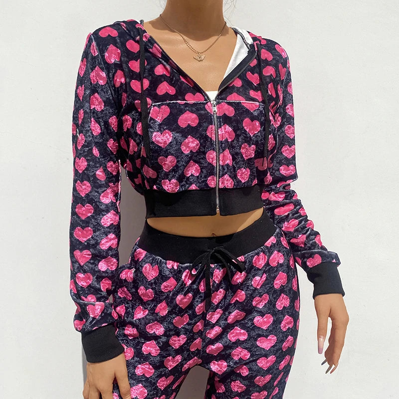 Y2K Heart Printed Pink Cute Crop Top Jacket Long Sleeve Autumn Velvet Coat Pocket Patchwork Baseball Jacket Harajuku Winter